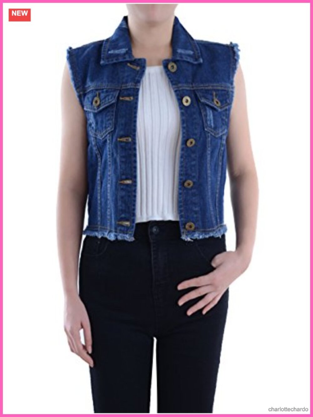 Anna-Kaci Distressed Denim Button Up Sleeveless Crop Vest